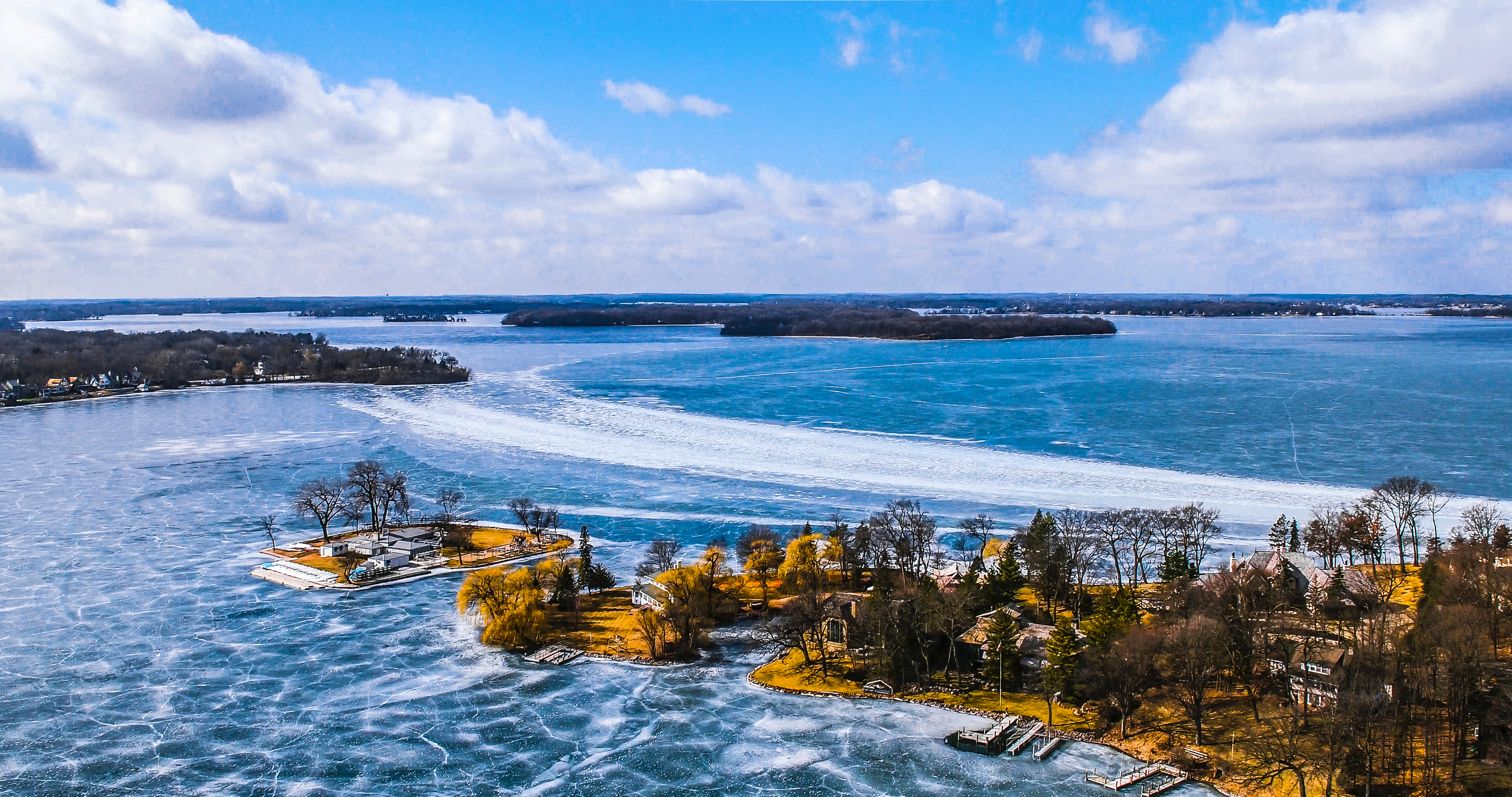 Lake Minnetonka frozen over near the Minnetonka Yacht Club, Minnesota, USA