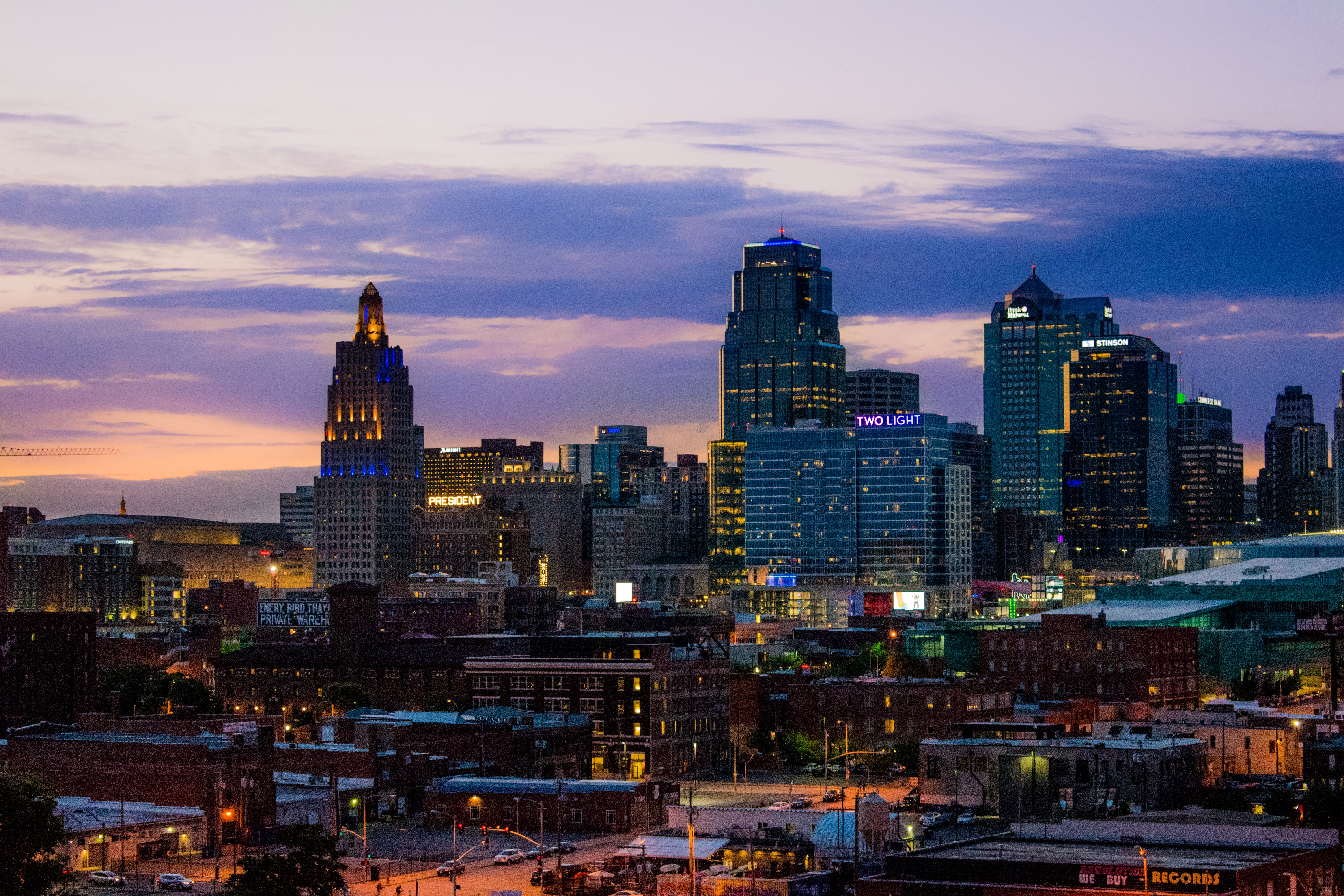 Kansas City skyline against purple sky, Kansas, USA
