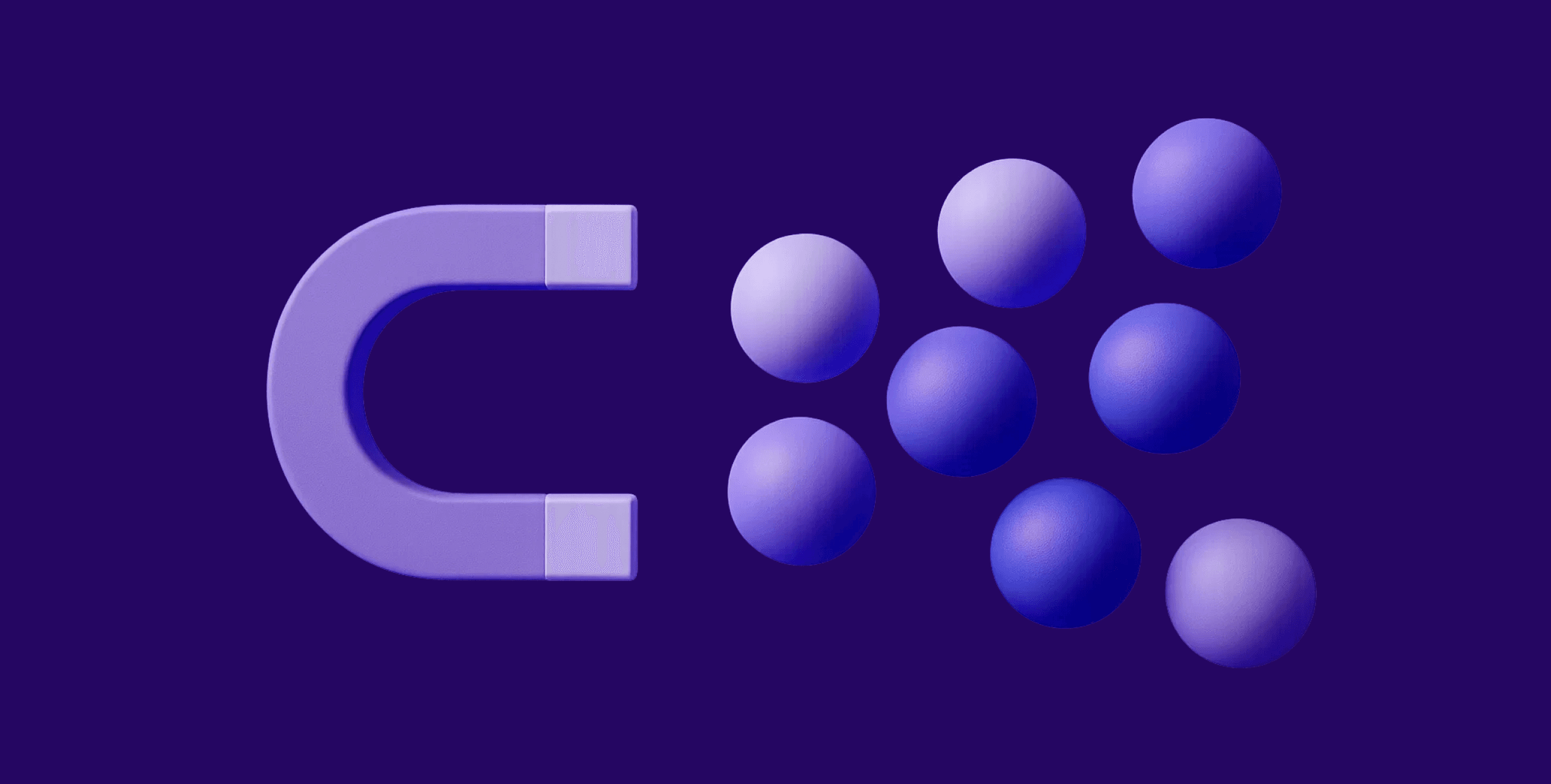 A purple magnet attracts eight purple spheres against a dark purple background.