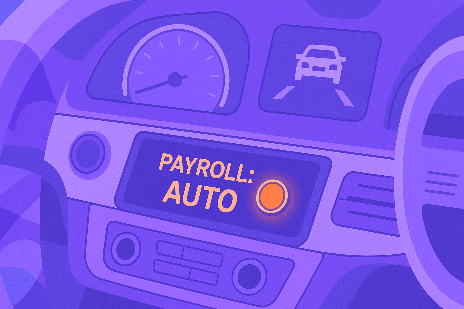 Image of a car dashboard with a lit-up button that says "Payroll: Auto."