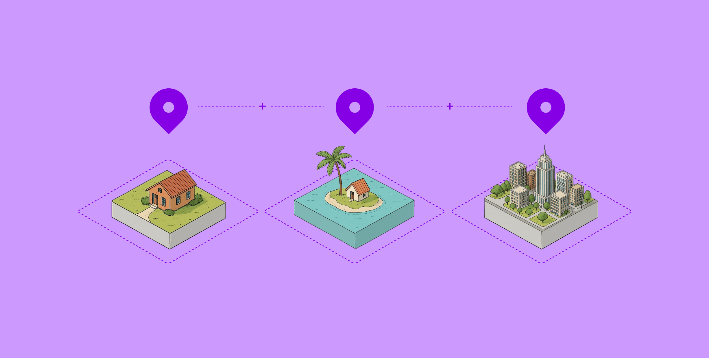 Icons of a house, island, and cityscape connected by dotted lines with map markers above, on a purple background.
