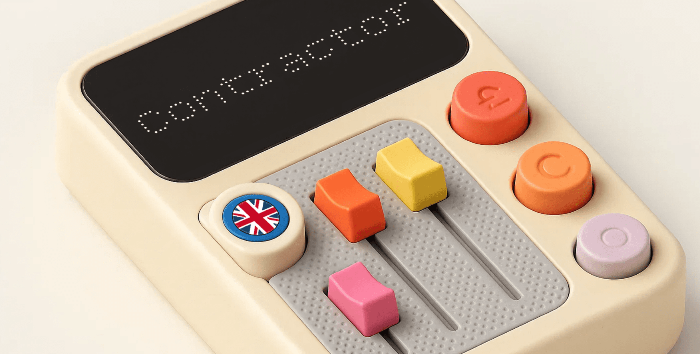 Remote control with sliders and a button with the Union Jack on it. Its screen says "Contractor"