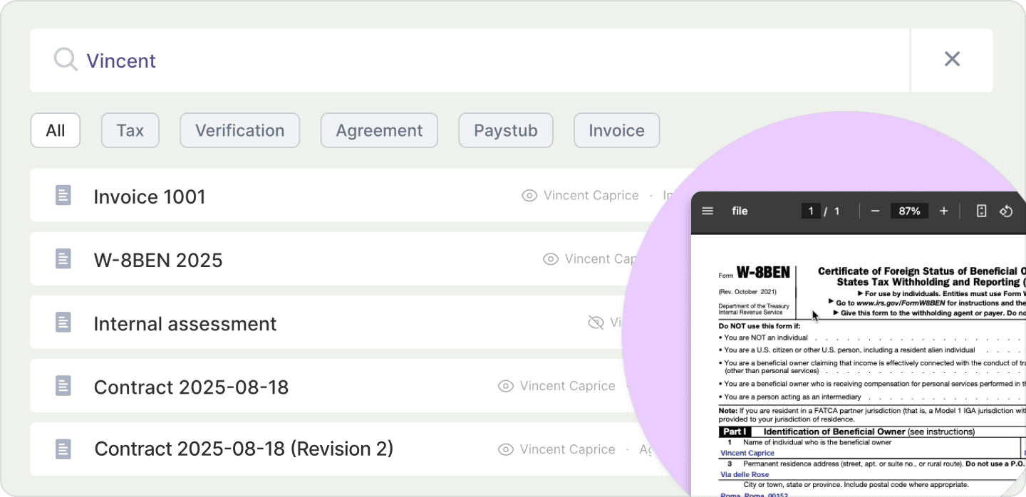 Screenshot of Documents page with a W-8BEN image inset